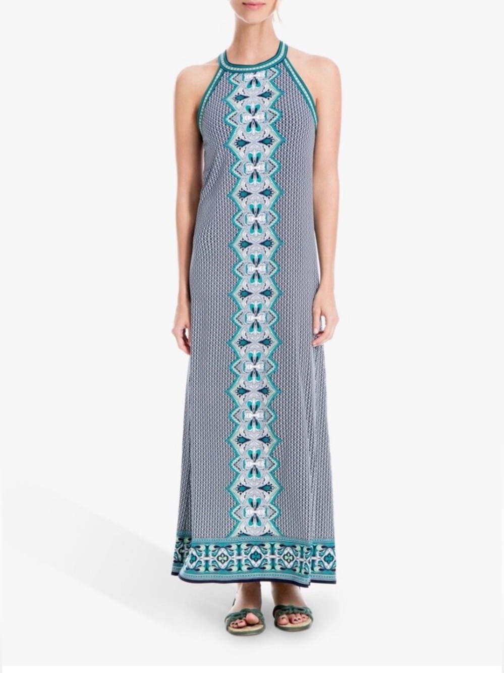 Max Studio Boho Geo Medallion Maxi Dress Halter Strappy Back Resortwear S